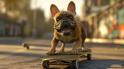 Fawn French Bulldog rolling on a skateboard deck down the street
