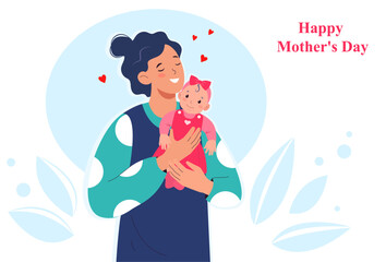 Happy Mother's Day.  Happy loving mom holding a little girl in her arms. Postcard for the holiday Mother's Day. Flat vector illustration isolated on white background