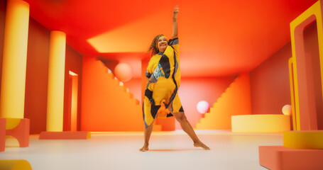 Beautiful Black Woman in African Outfit Dancing Energetically in Geometric Abstract Orange...
