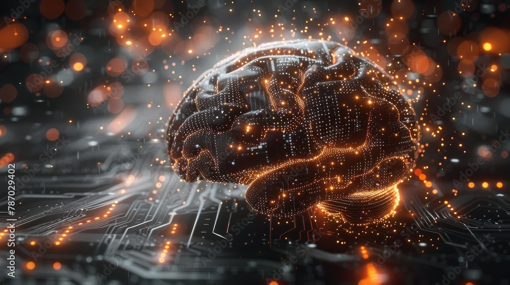 Aufkleber black background, the smallest contour of the circuit board brain dissolving and disappearing in par