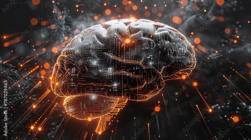 Poster black background, the smallest contour of the circuit board brain dissolving and disappearing in par