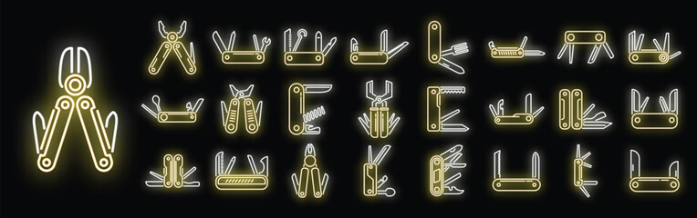 Multitool icons set outline vector. Multifunctional knife. Army blade neon color on black