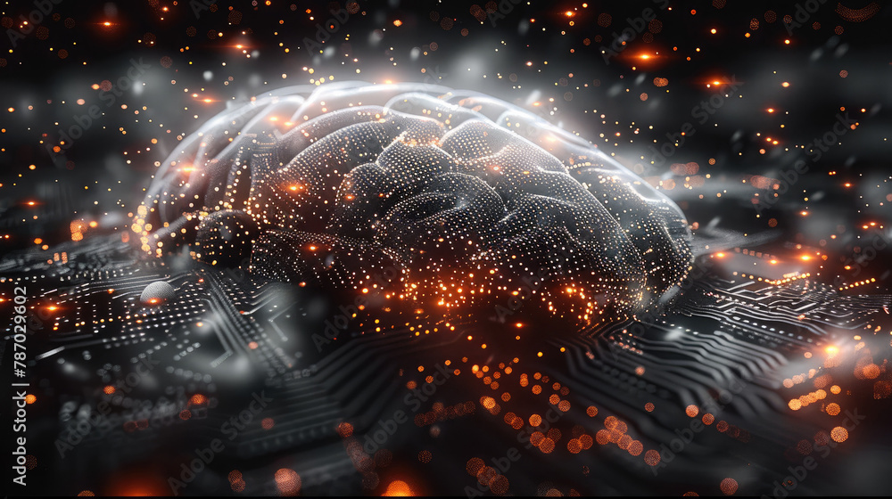 Leinwandbilder Black background, The smallest contour of the Circuit board brain dissolving and disappearing in particles and sky. Generative AI.
