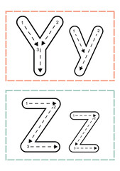 Y Z Alphabet Tracing Cards Worksheet in Pastel Colors Illustrative.eps
