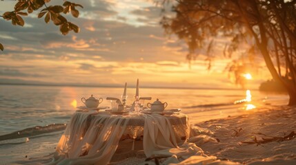 Romantic beach dinner setup at sunset, perfect for travel and dining experiences.