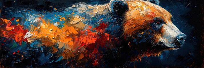 This striking piece showcases a bear against a richly textured backdrop, with dynamic paint strokes and vibrant colors conveying movement - obrazy, fototapety, plakaty