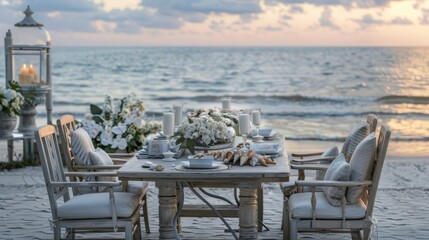 Fototapeta premium Romantic beach dinner setup at sunset, perfect for travel and dining experiences.