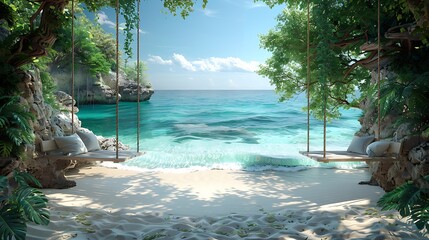a swing positioned on the sandy shore, inviting guests to indulge in moments of relaxation and contemplation while soaking in the sights and sounds of the ocean, in realistic 8k high resolution.