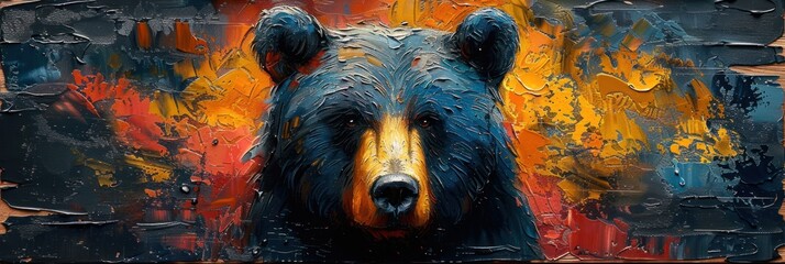 This artwork captures a solitary bear against a dramatic backdrop of oranges and blues, showcasing a blend of calmness and intensity - obrazy, fototapety, plakaty