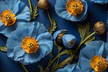 Flowers of Himalayan Blue Poppy on blue background Generative AI
