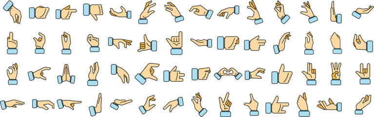 Hand gestures icons set outline vector. Shake finger. Give stop thin line color flat on white - 787029807