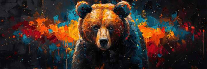Majestic bear face centered among a splatter of bright colors depicting curiosity and exploration