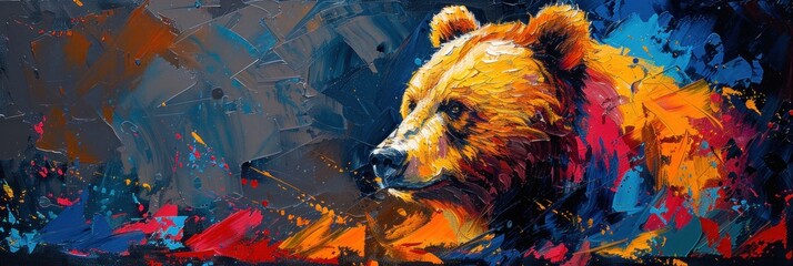 Delicately painted bear portrait on canvas uses abstract elements to captivate the viewer's attention