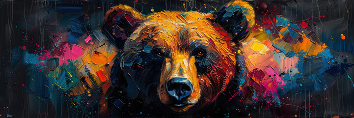 An urban themed bear portrait delivering a cosmic-like backdrop with splashes of bright colors