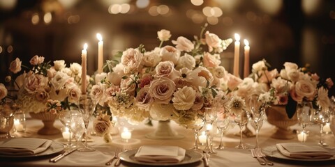 Fototapeta na wymiar Elegant floral wedding table setting with candles in warm light. Roses centerpiece