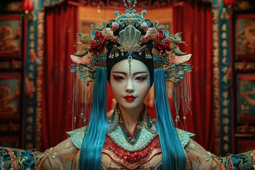 The face of a little girl, painted with Peking Opera facial makeup.