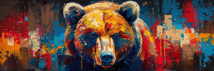 An eye-catching expressionist piece featuring a bear's face with a mix of abstract blue and warm tones, conveying a nuanced mood - obrazy, fototapety, plakaty