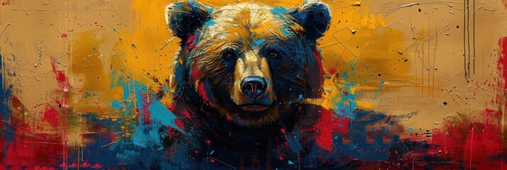 This colorful artwork captures a bear's visage through bold strokes and vivid abstract expression - obrazy, fototapety, plakaty