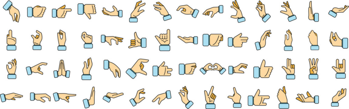 Hand gestures icons set outline vector. Shake finger. Give stop thin line color flat on white