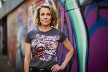 Fototapeta premium Portrait of a tender woman in her 40s sporting a vintage band t-shirt while standing against vibrant graffiti wall