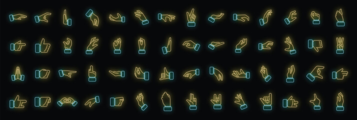 Hand gestures icons set outline vector. Shake finger. Give stop neon color on black - obrazy, fototapety, plakaty