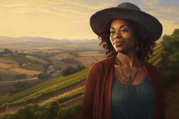 Portrait of a joyful afro-american woman in her 40s donning a classic fedora while standing against backdrop of an idyllic countryside - obrazy, fototapety, plakaty