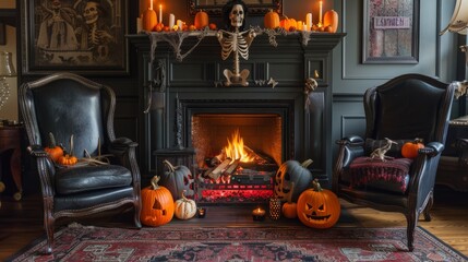 Classic Halloween decor with lit fireplace and pumpkins, suitable for seasonal and home design content.