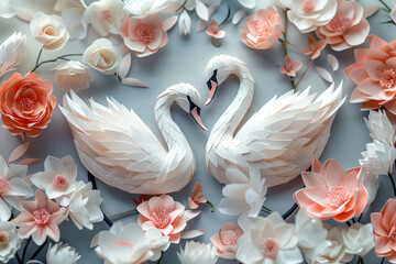3D embossed relief wall, white swans and pink roses background. Created with Ai