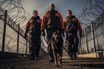 Prison guards with dogs on patrol