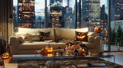 Festive city apartment featuring Halloween decor against a skyscraper panorama.