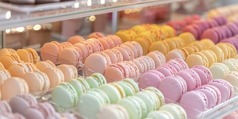 Colorful macarons in a bakery display, perfect for themes of French cuisine or sweet treats.