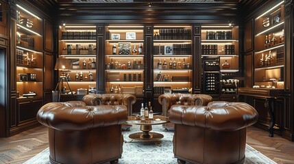 A contemporary, sophisticated cigar lounge in an exclusive members club. Classic. Generative AI.