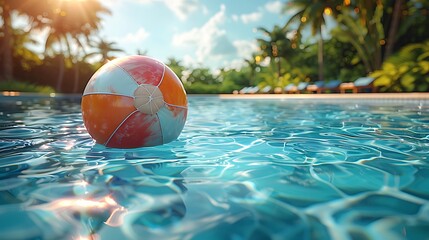 a vibrant summer scene with a colorful beach ball floating gracefully on the surface of a luxurious swimming pool, surrounded by lush greenery and clear blue skies - Powered by Adobe