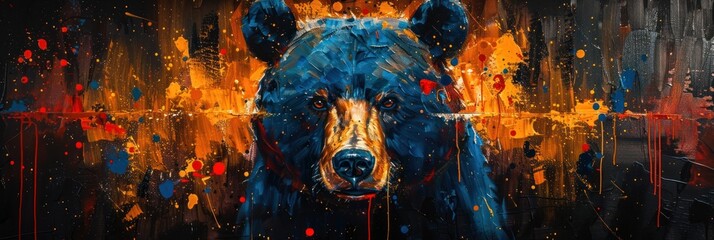 An imposing bear painting bursting with vivid colors and dynamic splatters, creating a powerful visual impact
