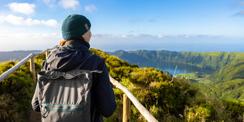 Rear View of a Woman at the Scenic Landscape of Sao Miguel Island in the Azores