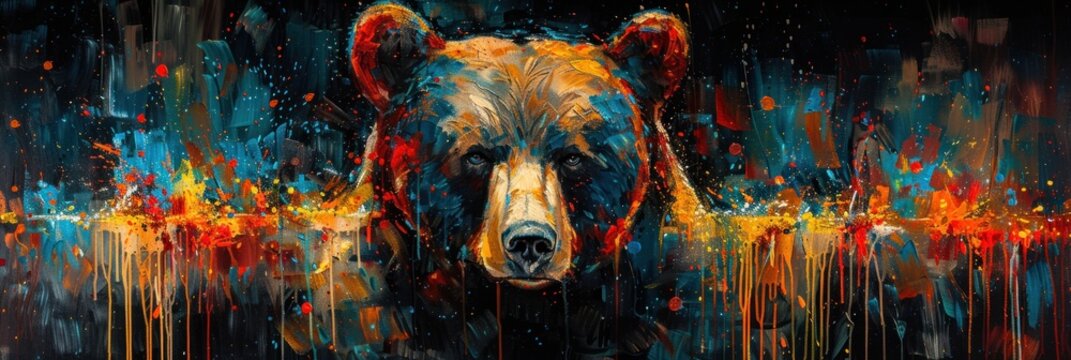 A captivating portrayal of a grizzly bear's face, embellished with explosive colors and dripping paint details