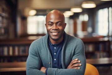 Portrait of a happy afro-american man in his 40s wearing a chic cardigan in classic library interior