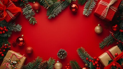 Fototapeta na wymiar Festive red background with pine and berries, suitable for vibrant holiday designs.