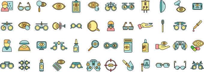 Optometry icons set outline vector. Medical eye. Lasik machine thin line color flat on white - 787031291