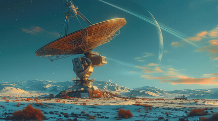 A high tech outpost with a giant satellite dish in an isolated desolate wasteland beaming signals into space. Generative AI.