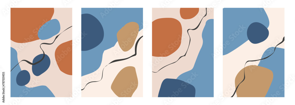 Fototapete set of abstract backgrounds with various hand drawn dynamic shapes and black curved lines for creati
