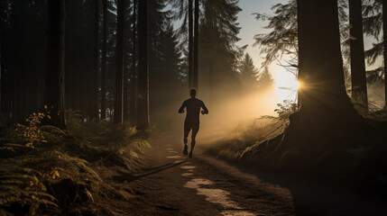 A runner is silhouetted against the soft light of a misty morning, surrounded by the serene beauty of an awakening forest. - obrazy, fototapety, plakaty