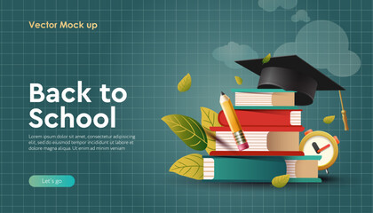 Back to school web banner. Back to school greeting text with educational books and graduation cap elements for success and graduation concept. Vector illustration