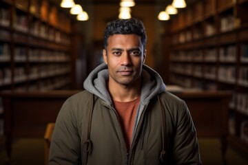 Portrait of a tender indian man in his 40s wearing a zip-up fleece hoodie while standing against classic library interior