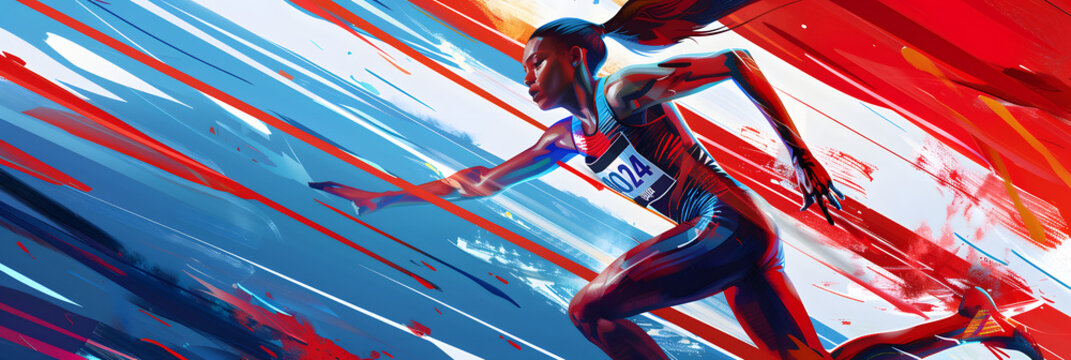 Concept design for the 2024 Olympics in Paris, France. Elite female athlete in a race, running and sprinting towards the finish line. Not an actual depiction of the event. Vibrant, red, white, blue