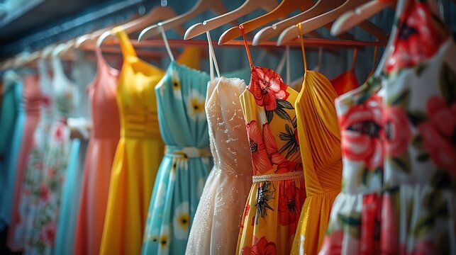 a women's closet featuring an assortment of colorful dresses hanging gracefully on hangers, their vibrant designs and breezy silhouettes capturing the essence of sunny days