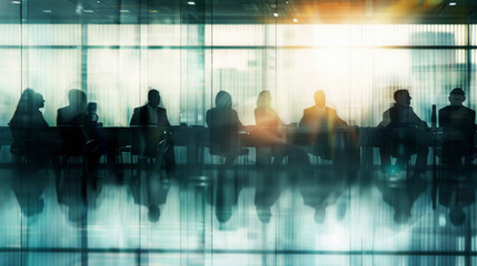 Boardroom, silhouette and meeting with business, brainstorming and communication for discussion. Office, conference and planning for partnership, teamwork and corporate organisation for strategy