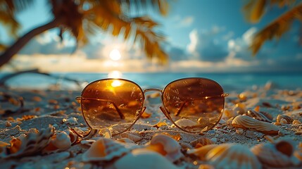 Capture the essence of summer escapades with sunglasses laid casually on a sandy beach blanket,...