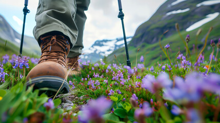 Hiking boots on mountain trail with wildflowers, adventure and wanderlust concept.