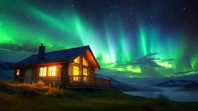Aurora Haven: Warm Solitude Beneath a Mystic Sky. Concept Nature Photography, Arctic Landscapes, Starry Skies, Northern Lights, Winter Wonderland